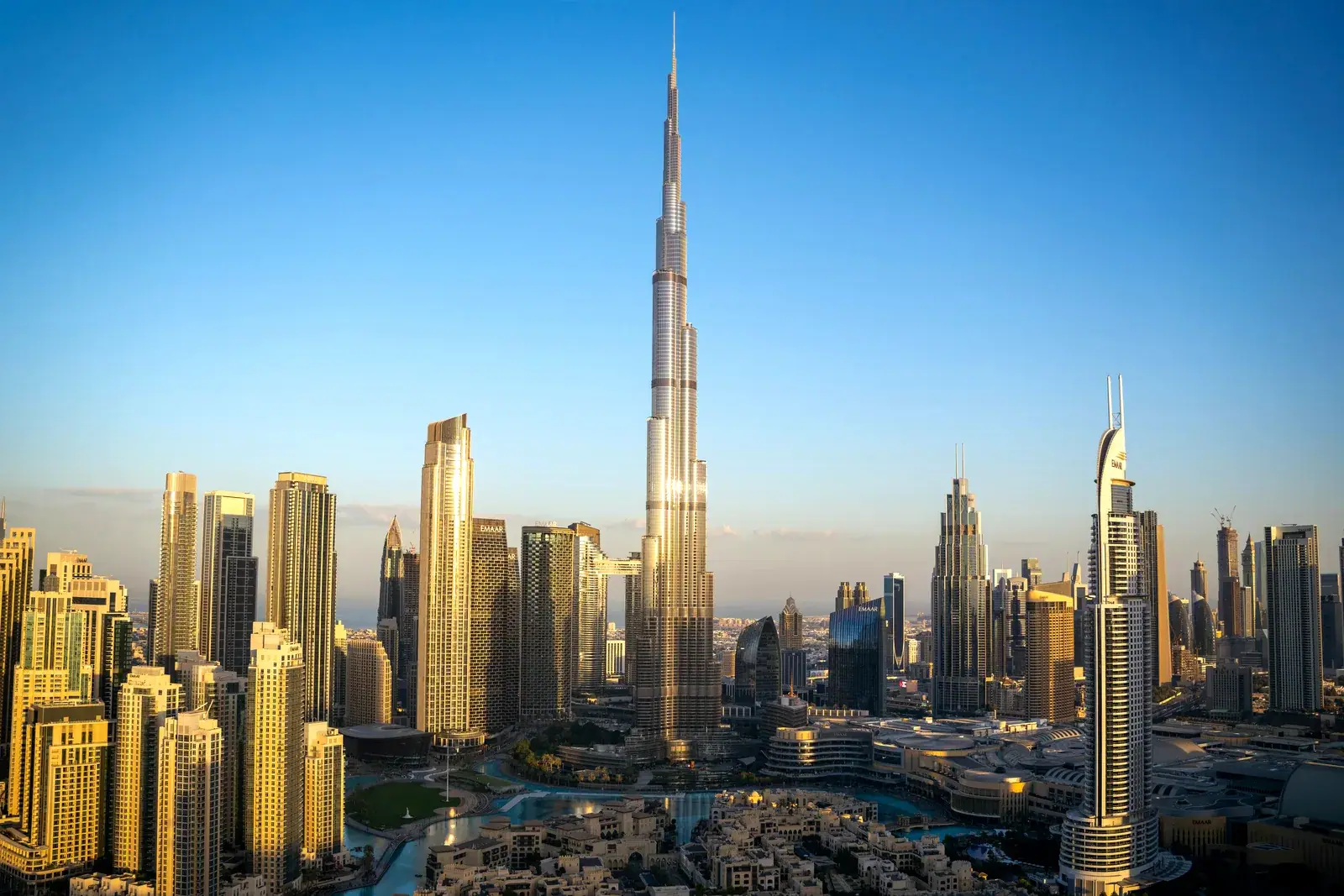 Downtown Dubai with the Burj Khalifa, clouds moving over the city