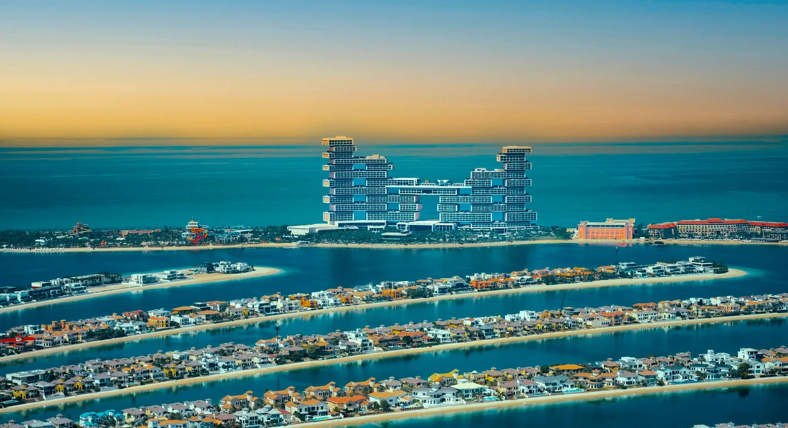 Palm Jumeirah fronds and Atlantis The Royal over the sea